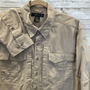 5.11 Tactical Mens L Shirt Long Sleeve Button Up Tan RN#109614 Pockets Workwear